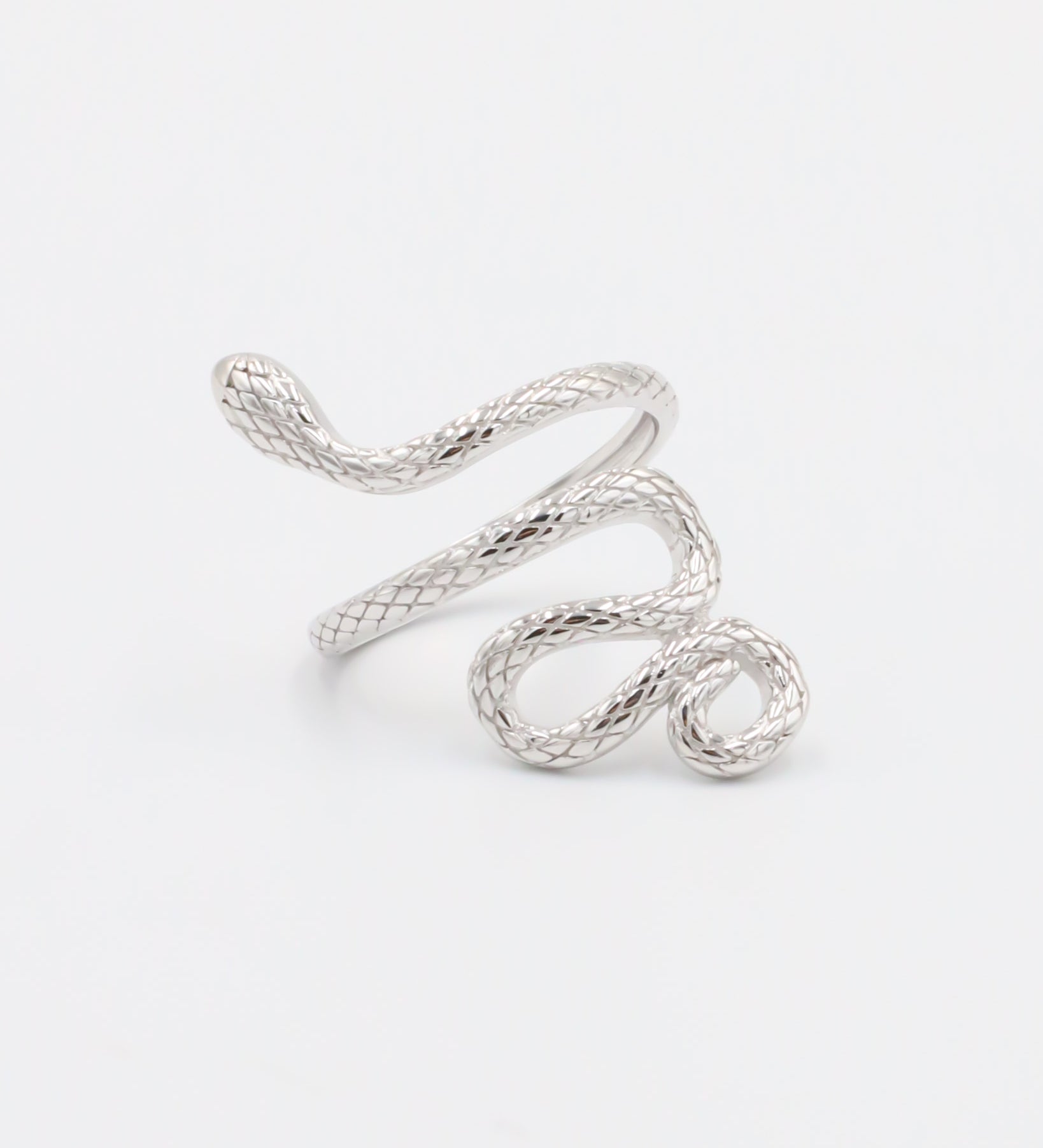 A silver ring with a textured design resembling a coiled snake.