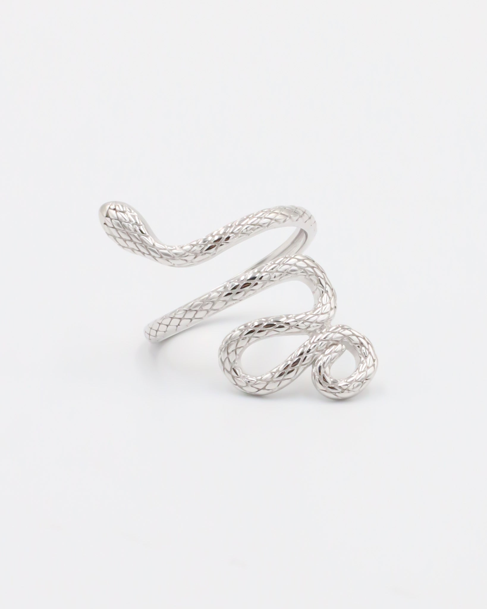 A silver ring with a textured design resembling a coiled snake.