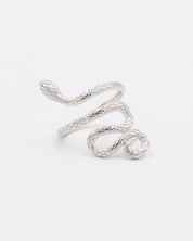 A silver ring with a textured design resembling a coiled snake.