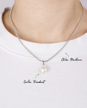 Pearl necklace with pendant on a white background
