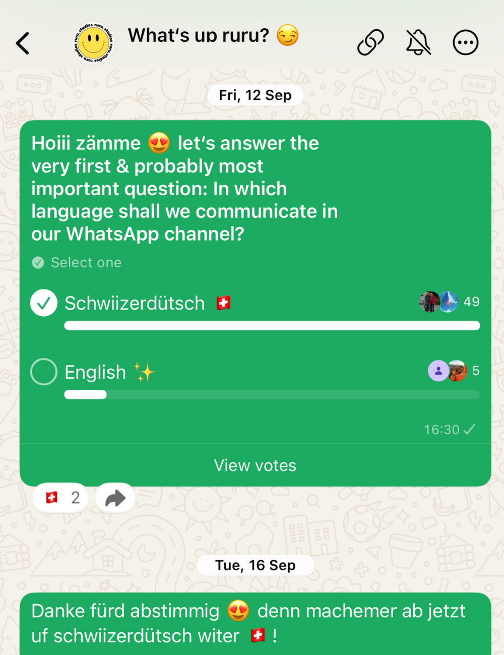 WhatsApp chat with a poll asking for language choice between Swiss German and English.