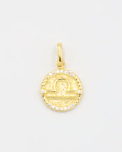 Gold-plated sterling silver Libra zodiac pendant with sparkling zirconia stones.