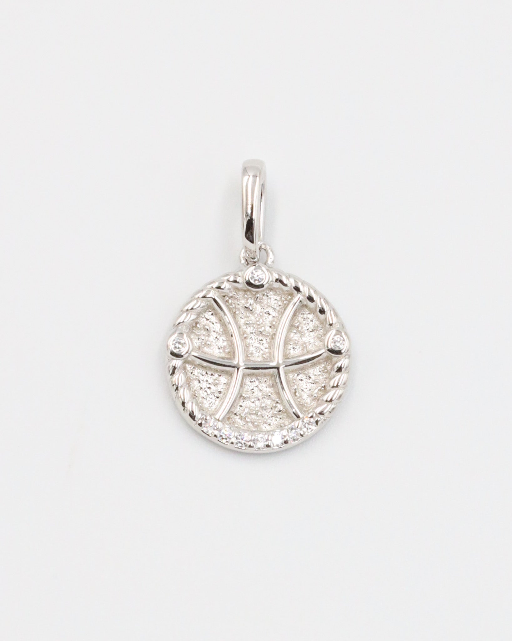 Pisces zodiac silver pendant in rhodium-plated sterling silver with intricate details and zirconia accents.