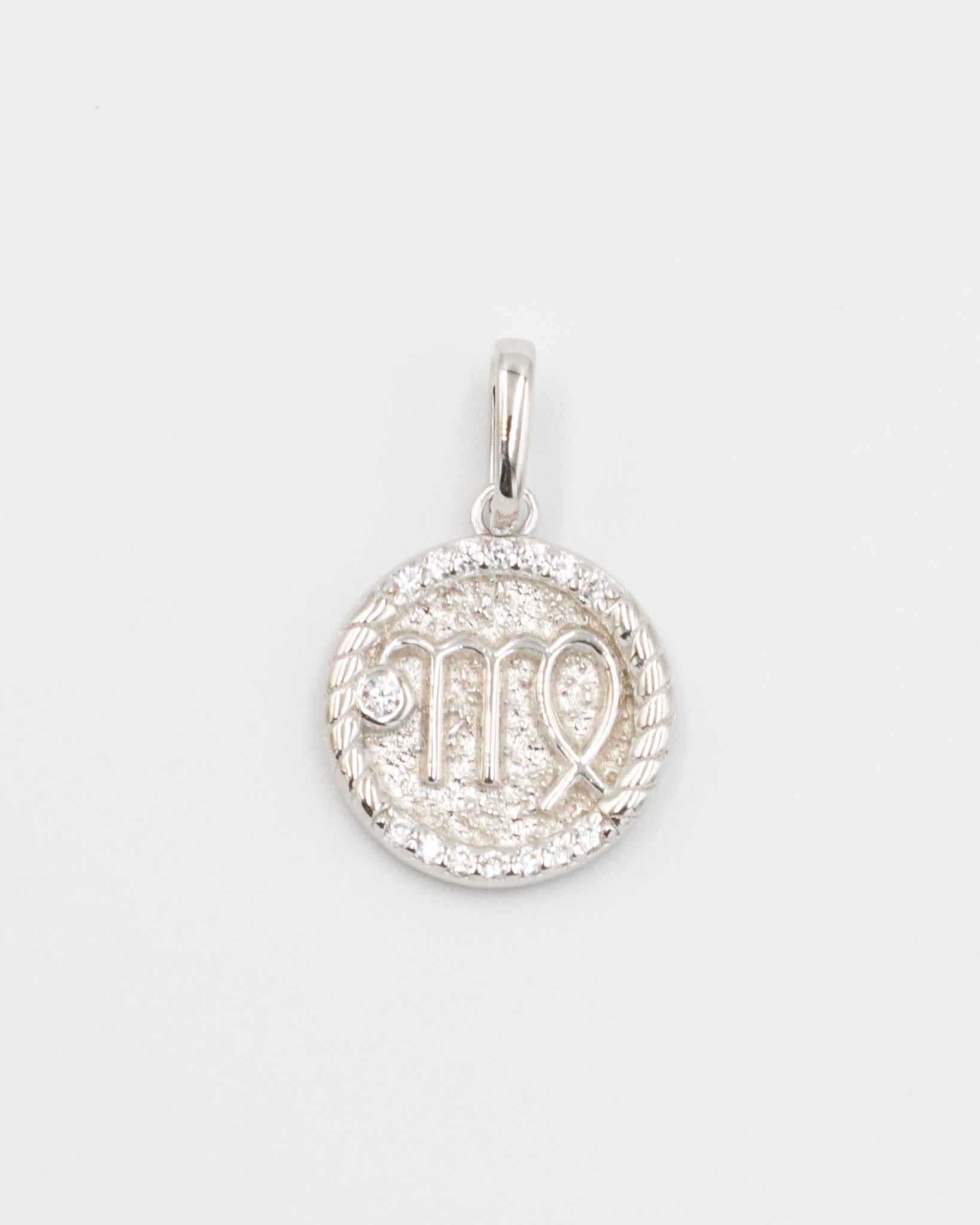 Virgo zodiac silver pendant in rhodium-plated sterling silver with intricate design and zirconia stone.