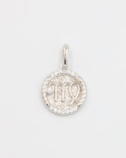 Virgo zodiac silver pendant in rhodium-plated sterling silver with intricate design and zirconia stone.
