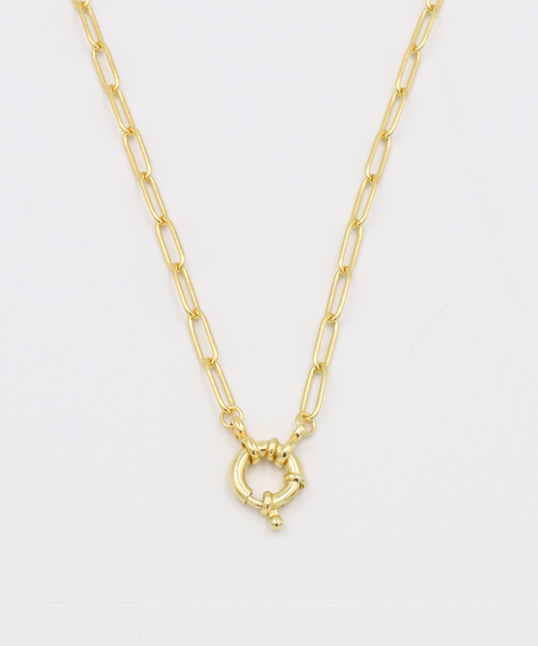 Gold-plated Hunter necklace with chain and clasp, shown close-up.