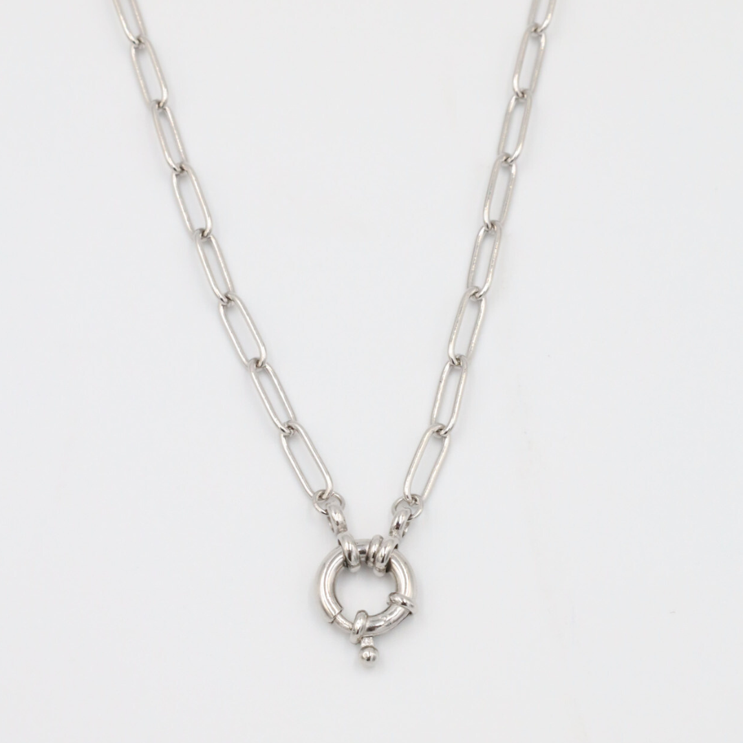 A close-up of the Hunter Necklace in 925 sterling silver featuring an elegant circular clasp on a link chain.