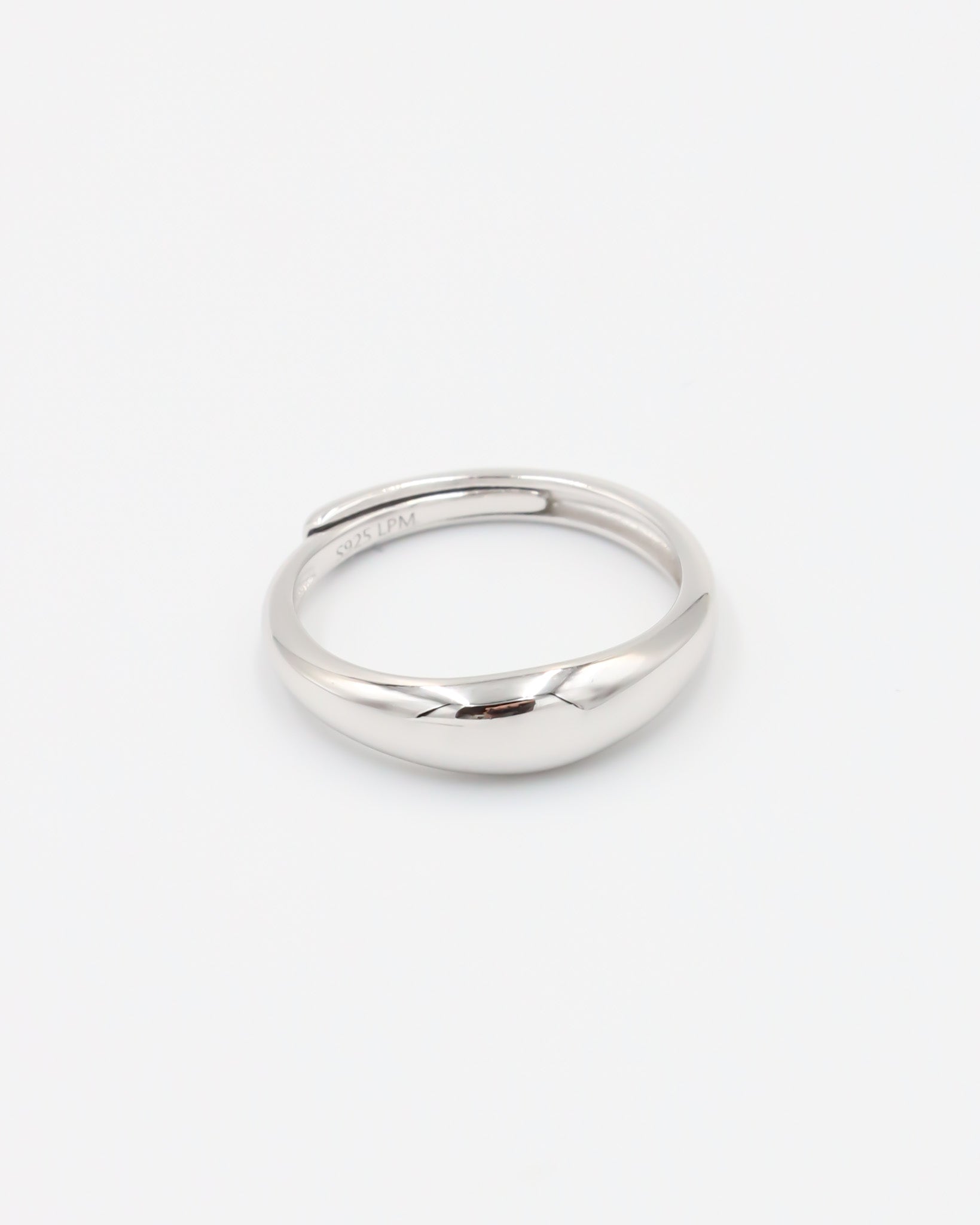 Adjustable rhodium-plated 925 sterling silver dome ring with smooth finish