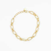 A gold-colored bracelet with a chain link design on a white background.