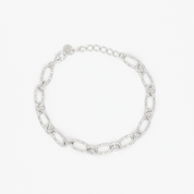 A silver bracelet with a chain link design, displayed against a white background.