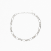 A silver-colored bracelet with a chain-link design, displayed against a white background.
