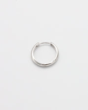A single silver hoop earring with a hinged clasp, displayed on a white background.