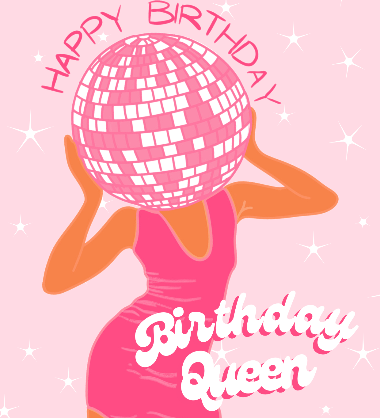 A colorful birthday card with a graphic of a woman's face replaced with a pink birthday cake, and the text 'HAPPY BIRTHDAY QUEEN'.