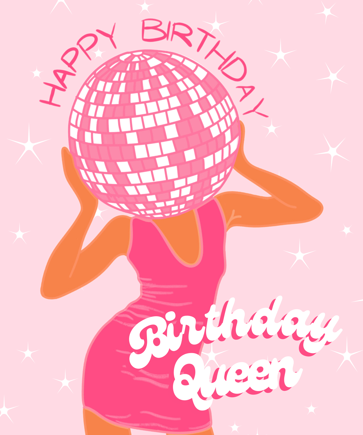 A colorful birthday card with a graphic of a woman's face replaced with a pink birthday cake, and the text 'HAPPY BIRTHDAY QUEEN'.