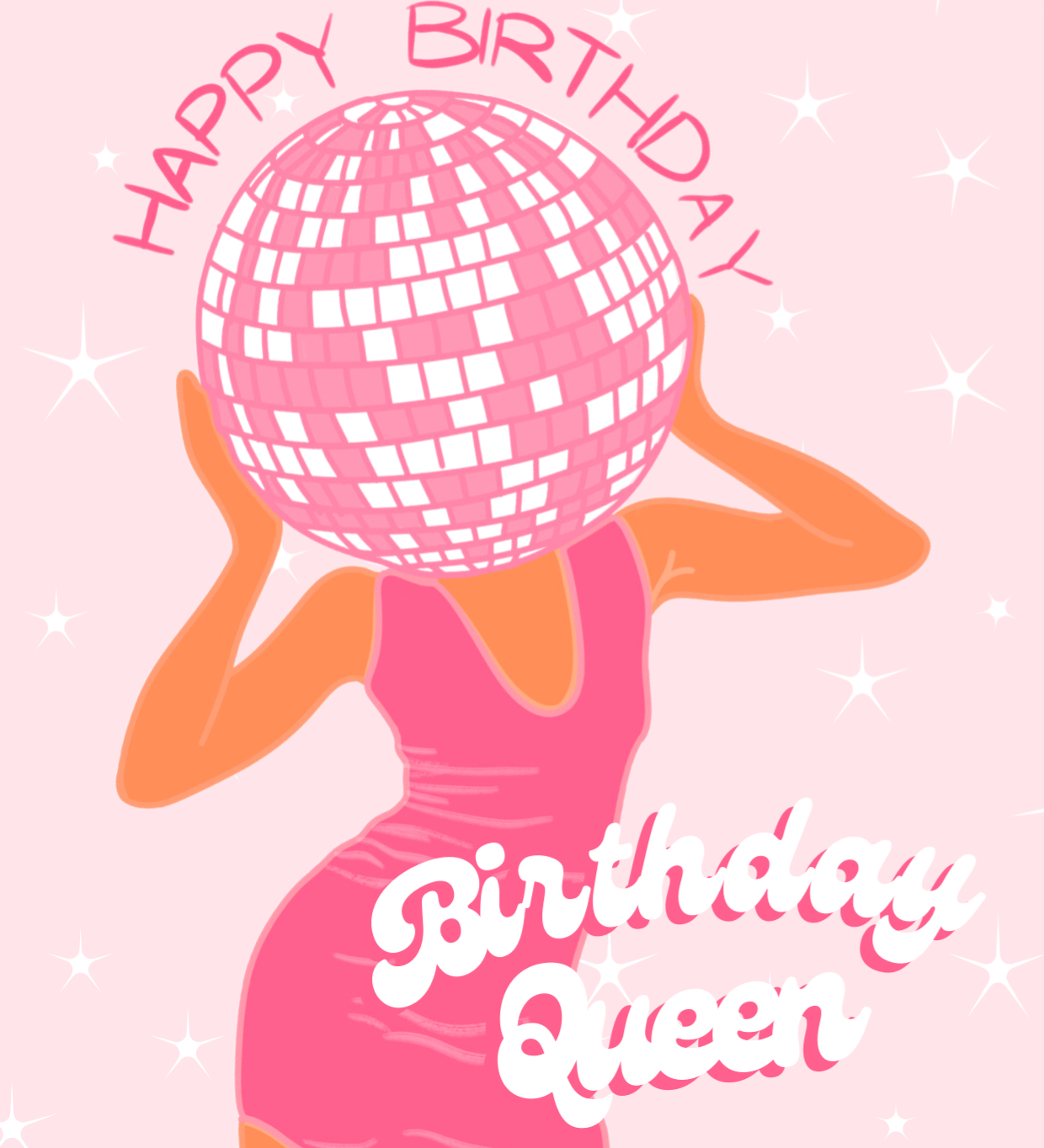 A colorful birthday card with a graphic of a woman's face replaced with a pink birthday cake, and the text 'HAPPY BIRTHDAY QUEEN'.