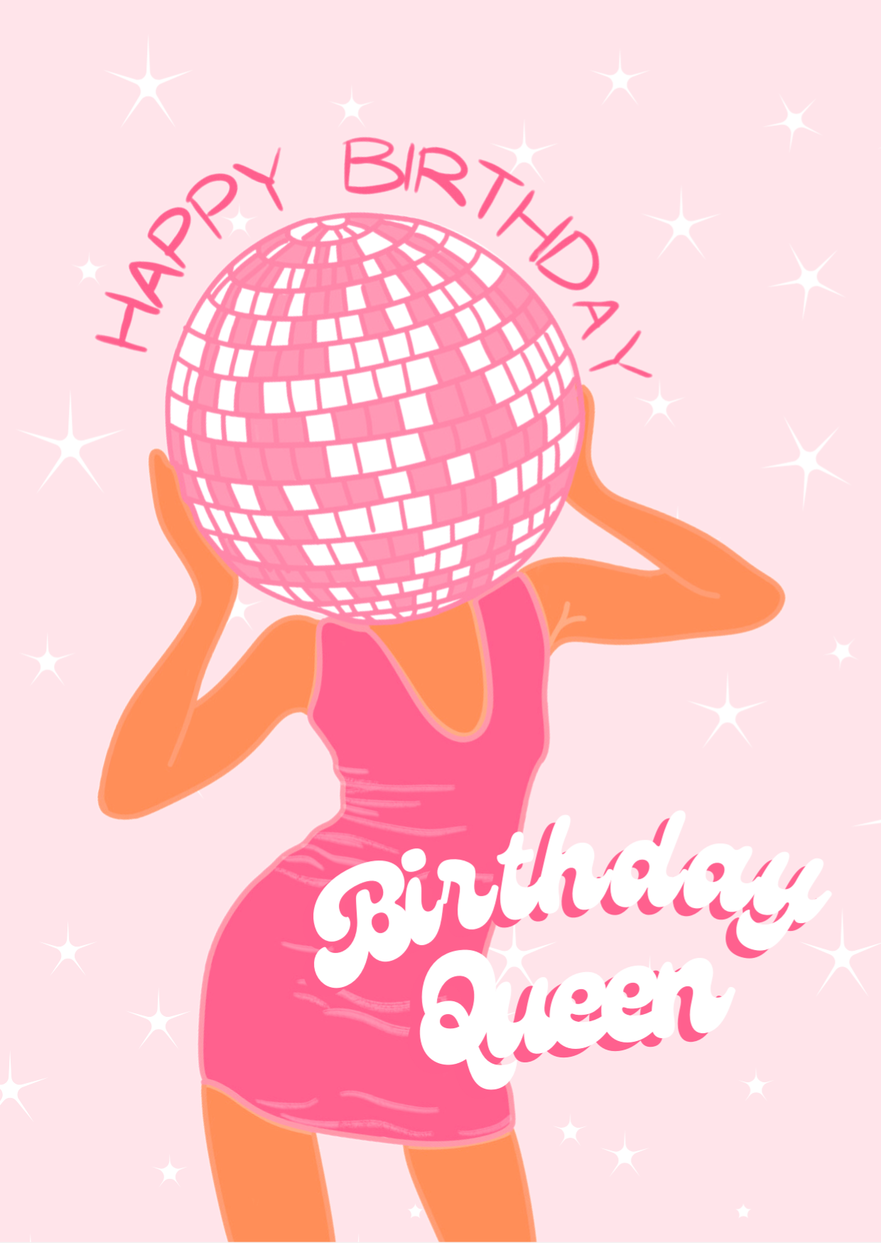 A colorful birthday card with a graphic of a woman's face replaced with a pink birthday cake, and the text 'HAPPY BIRTHDAY QUEEN'.