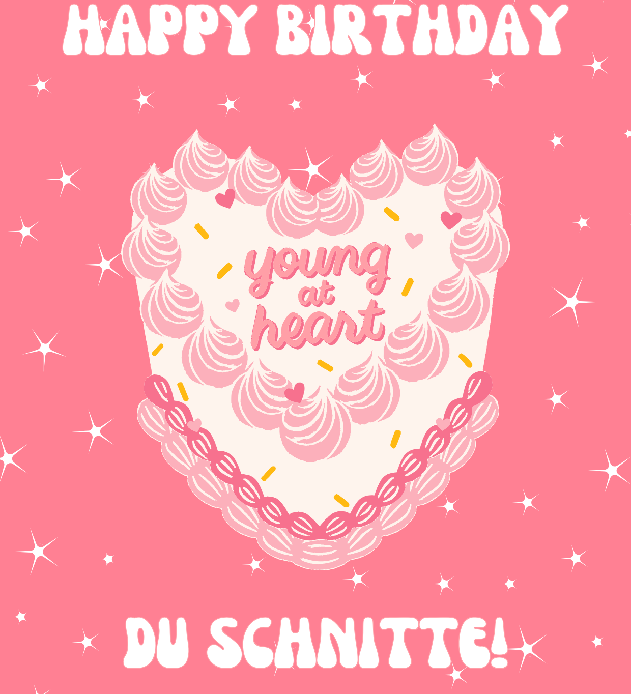 A colorful birthday card with 'Happy Birthday' text, a young girl's face, and decorative elements like icing and sprinkles on a cake, set against a pink background.