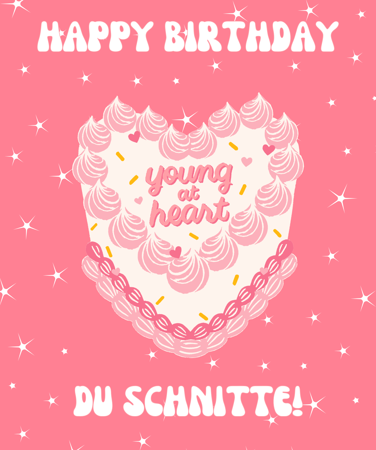 A colorful birthday card with 'Happy Birthday' text, a young girl's face, and decorative elements like icing and sprinkles on a cake, set against a pink background.