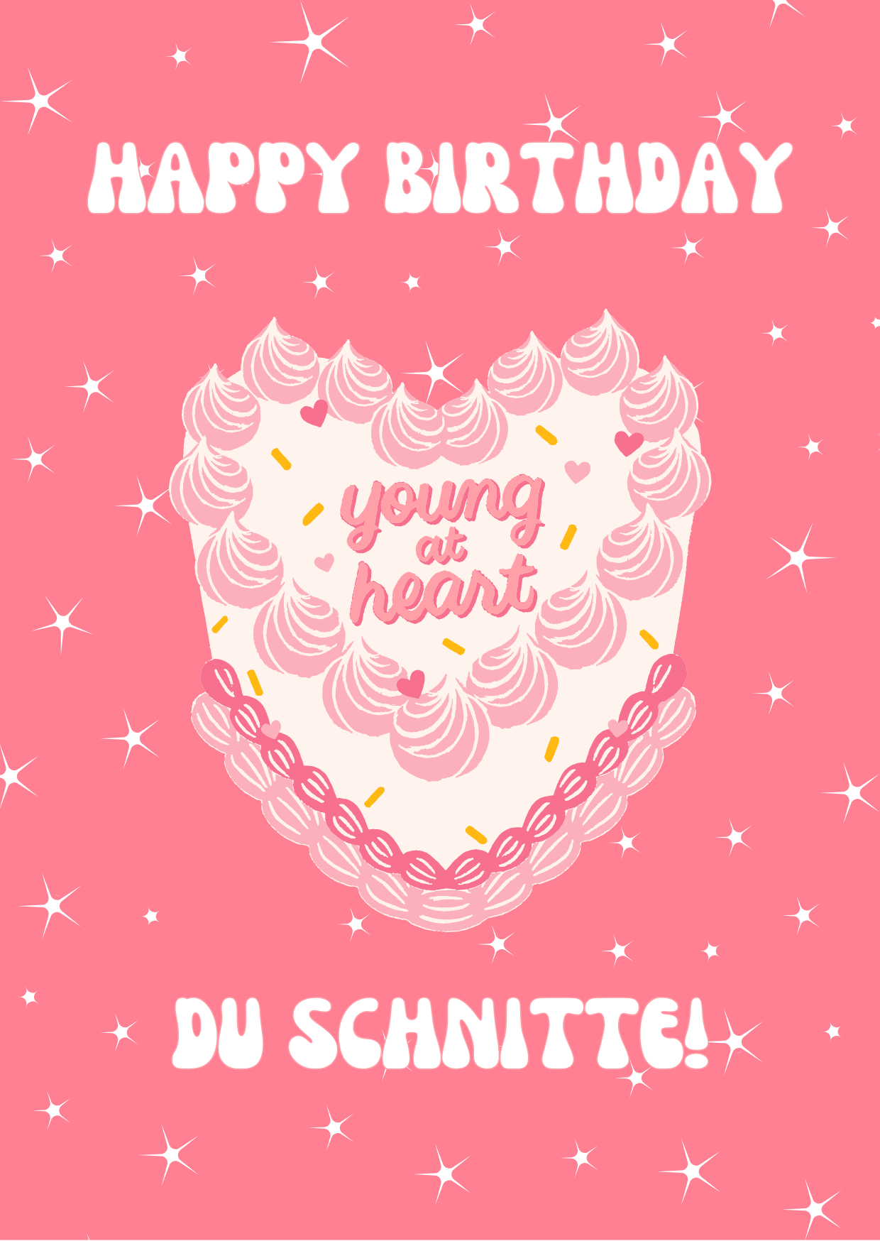 A colorful birthday card with 'Happy Birthday' text, a young girl's face, and decorative elements like icing and sprinkles on a cake, set against a pink background.