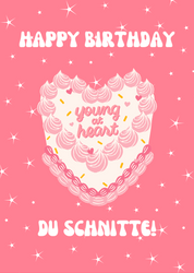 A colorful birthday card with 'Happy Birthday' text, a young girl's face, and decorative elements like icing and sprinkles on a cake, set against a pink background.