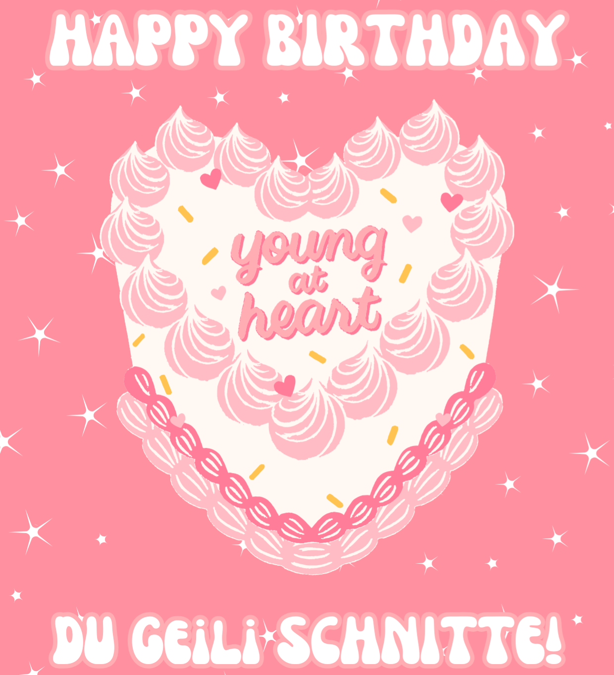 A colorful birthday card with 'Happy Birthday' text, a young girl's face, and decorative elements like icing and sprinkles on a cake, set against a pink background.