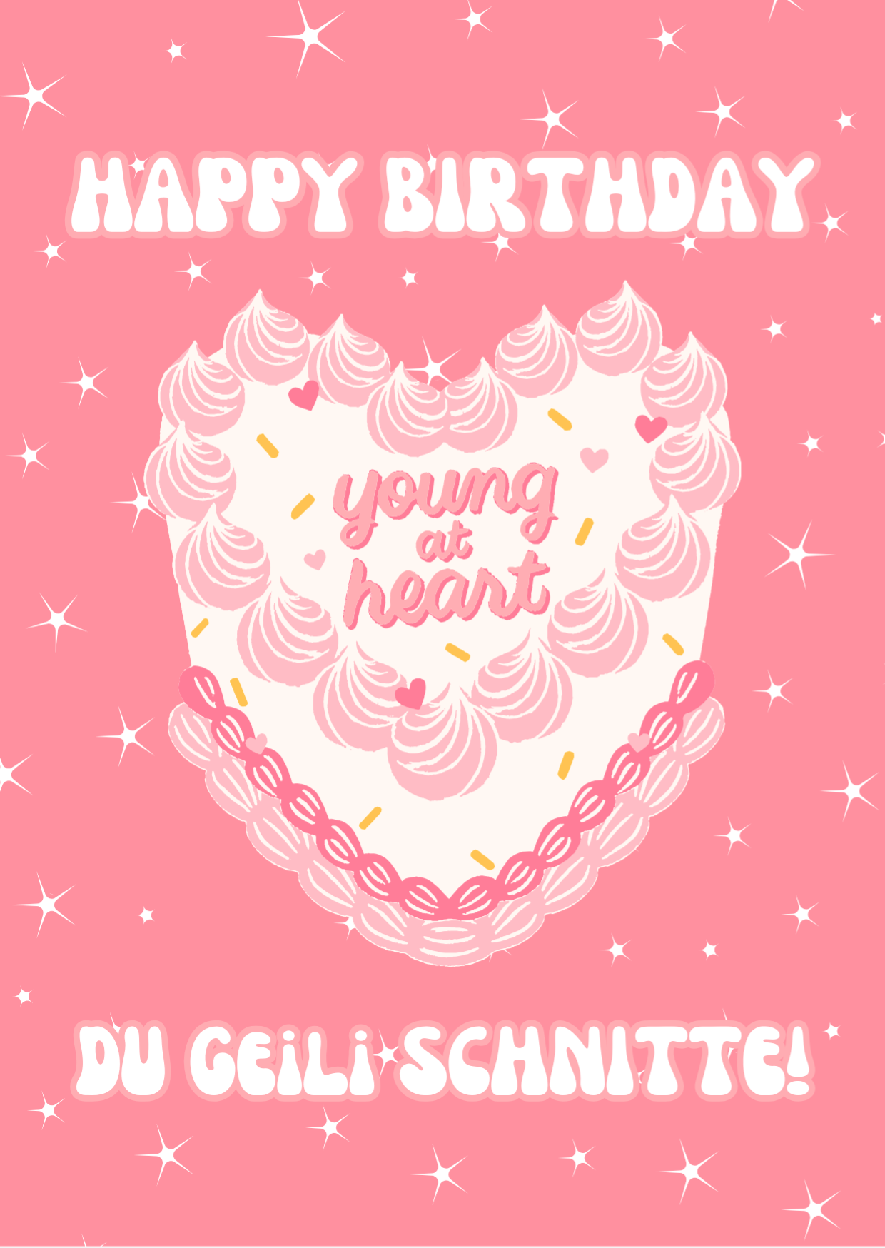 A colorful birthday card with 'Happy Birthday' text, a young girl's face, and decorative elements like icing and sprinkles on a cake, set against a pink background.