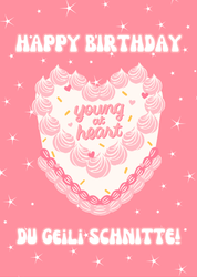 A colorful birthday card with 'Happy Birthday' text, a young girl's face, and decorative elements like icing and sprinkles on a cake, set against a pink background.