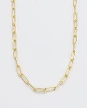 A gold-colored necklace with a chain link design, laid out on a plain background.