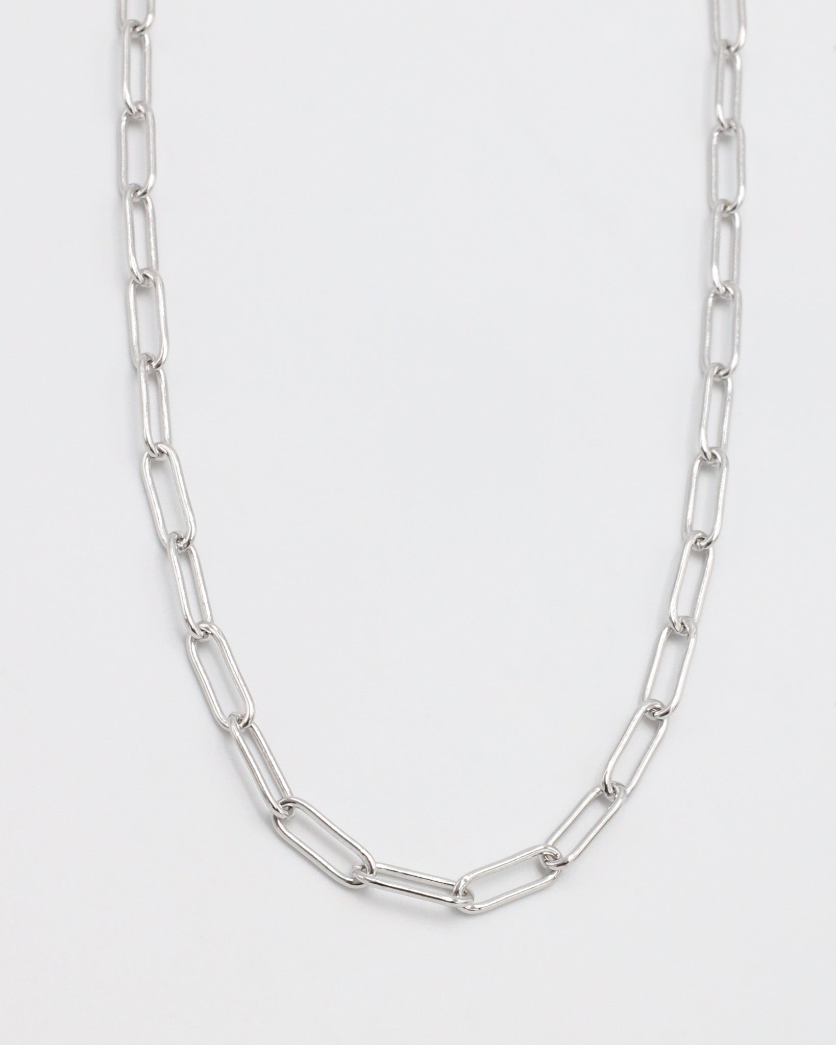 A silver-colored necklace with a chain link design, laid out on a plain background.
