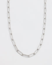 A silver-colored necklace with a chain link design, laid out on a plain background.