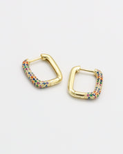 A single multicolor gold hoop earring with a hinged clasp, displayed against a white background.