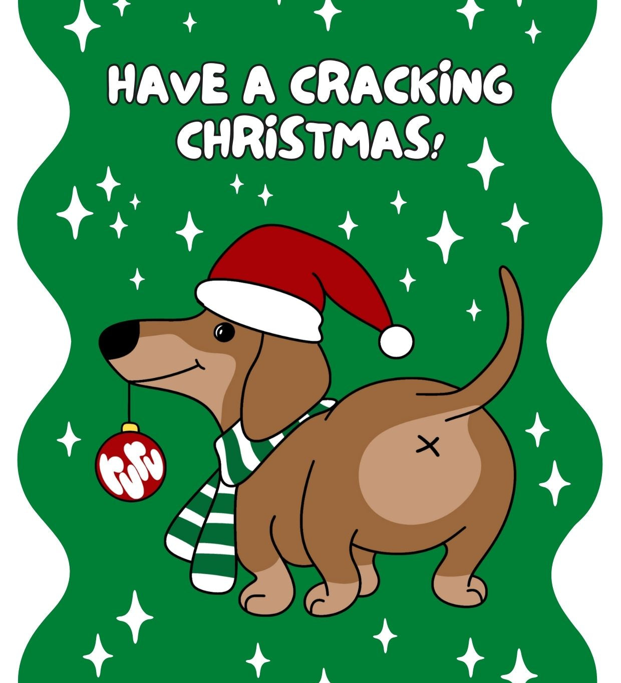 A greeting card with a cartoon illustration of a dog wearing a Santa hat and a scarf, with the text 'HAVE A CRACKING CHRISTMAS!' set against a green background with star decorations.