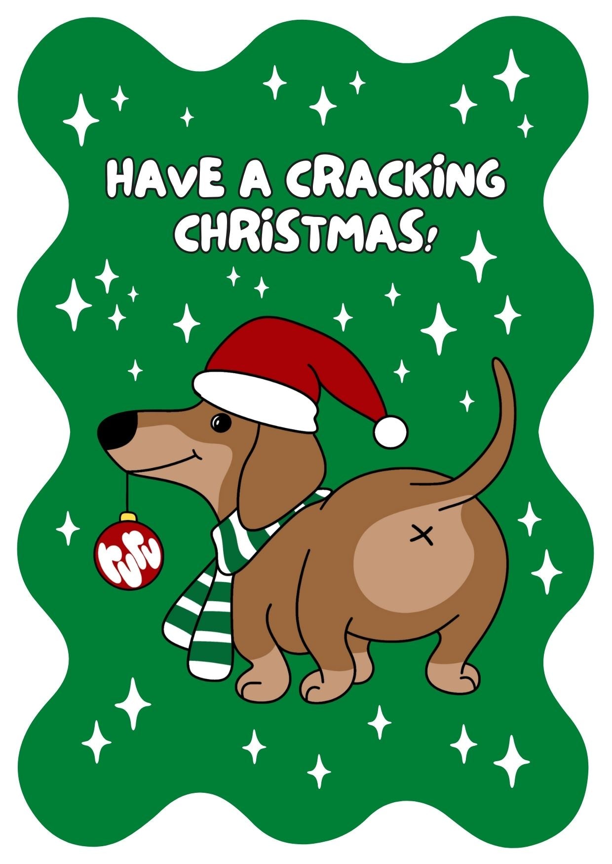 A greeting card with a cartoon illustration of a dog wearing a Santa hat and a scarf, with the text 'HAVE A CRACKING CHRISTMAS!' set against a green background with star decorations.