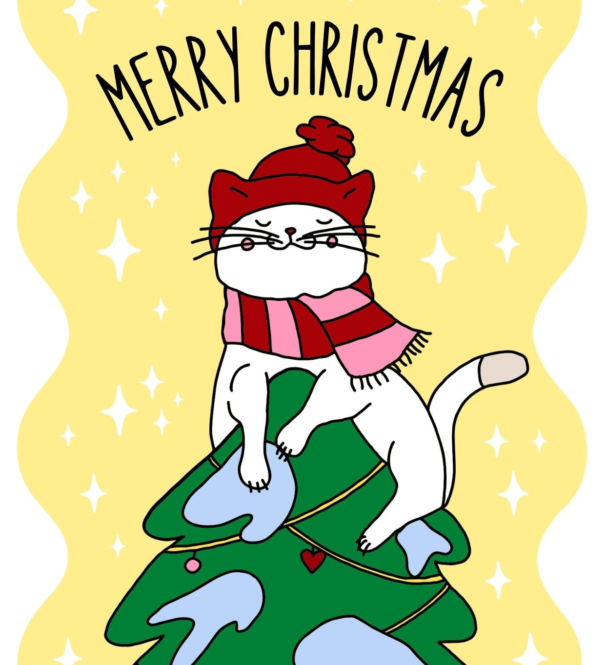 Illustrated Christmas postcard featuring a cute white cat wearing a red hat and a red-pink striped scarf. The cat is playfully sitting on top of a decorated Christmas tree with blue snow patches and red heart ornaments. The background is yellow with white star-shaped sparkles, and the greeting “MERRY CHRISTMAS” is written in bold black letters above the cat.
