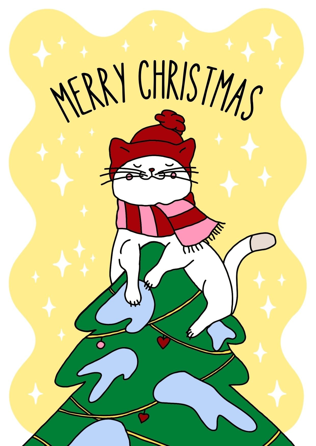 Illustrated Christmas postcard featuring a cute white cat wearing a red hat and a red-pink striped scarf. The cat is playfully sitting on top of a decorated Christmas tree with blue snow patches and red heart ornaments. The background is yellow with white star-shaped sparkles, and the greeting “MERRY CHRISTMAS” is written in bold black letters above the cat.