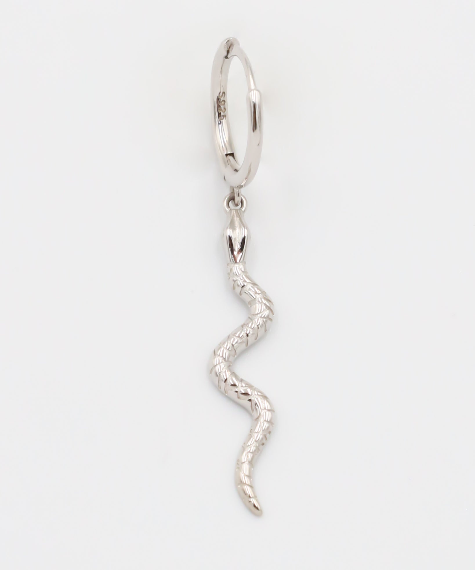 A silver hoop earring with a small silver charm shaped like a snake dangling from it.