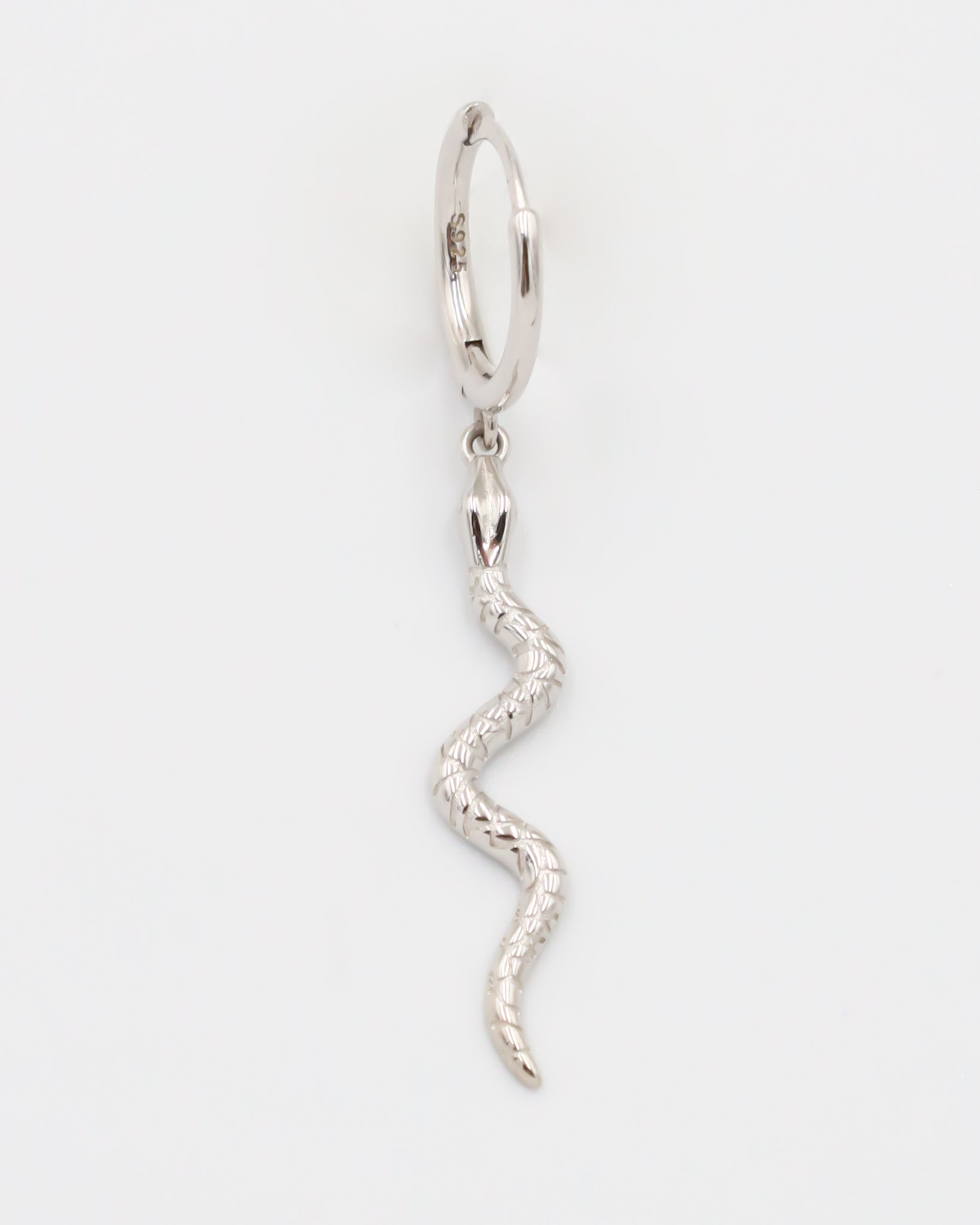 A silver hoop earring with a small silver charm shaped like a snake dangling from it.