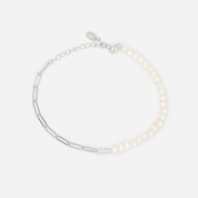 A silver bracelet featuring a combination of pearl beads and chain links, with a focus on the clasp mechanism.