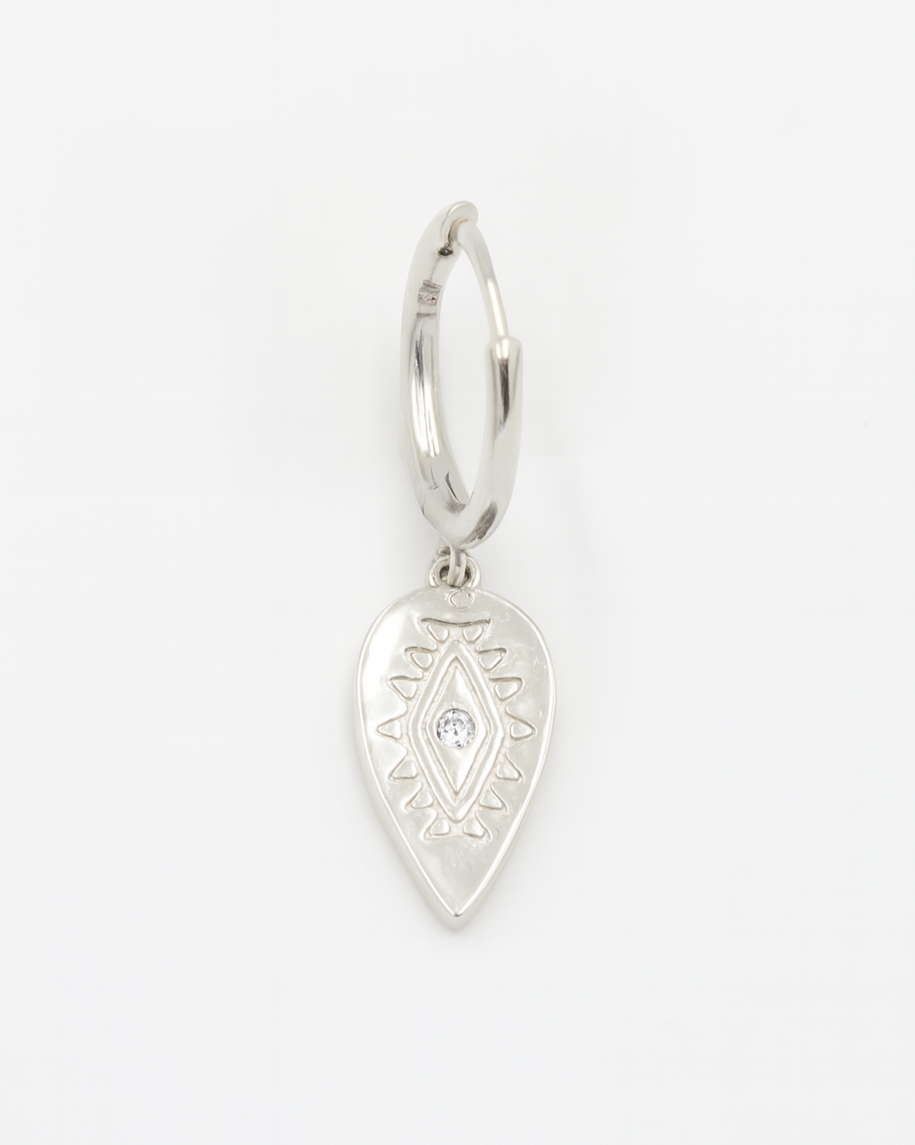 Silver earring with a teardrop-shaped pendant on a white background