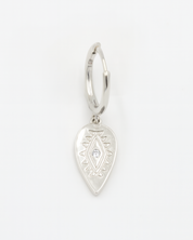 Silver earring with a teardrop-shaped pendant on a white background