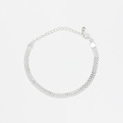 A silver bracelet with a chain link design, featuring a clasp closure.