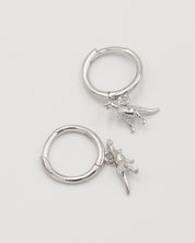 A silver-colored hoop earring with a small dinosaur charm attached to it.