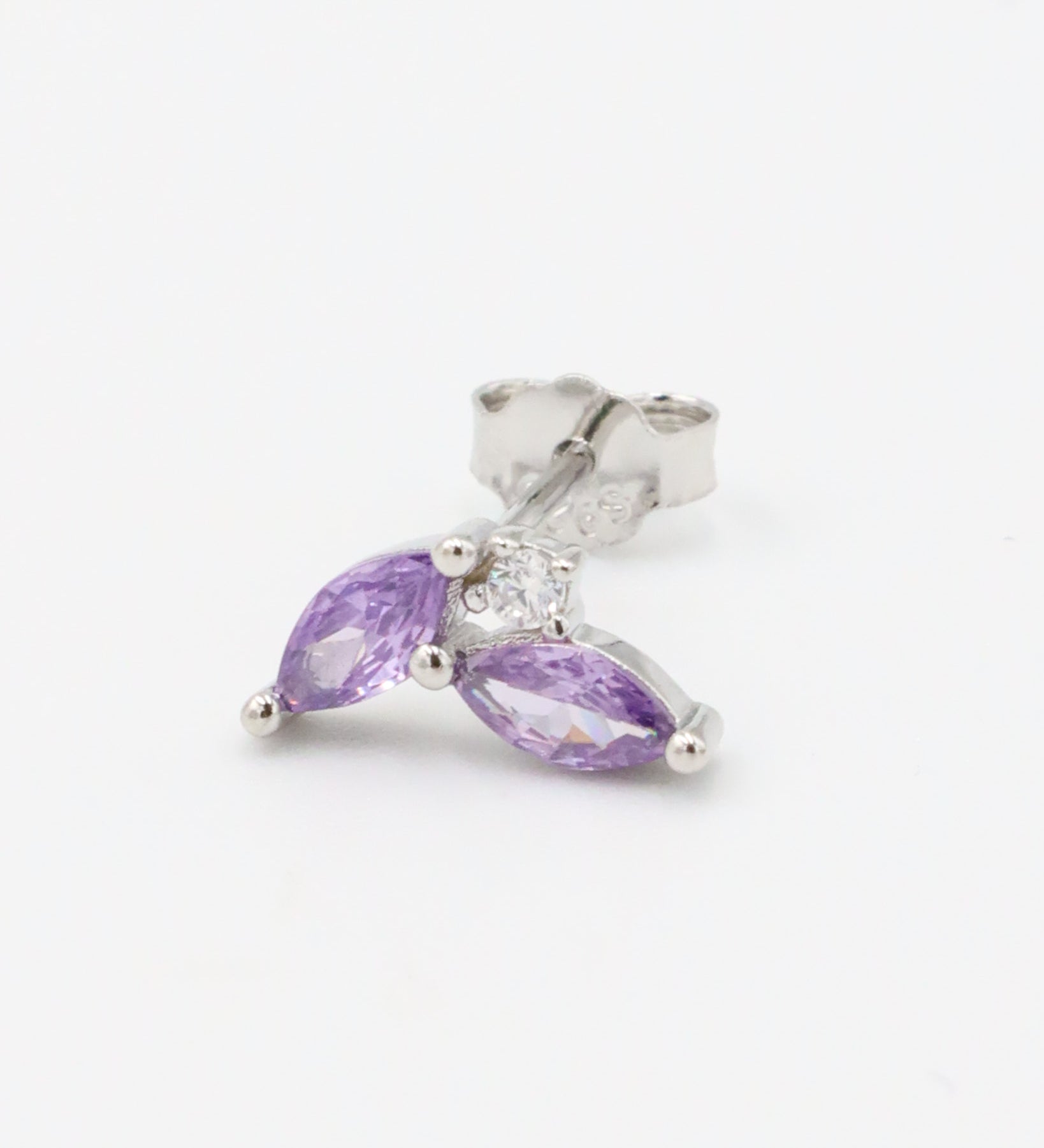 Sterling silver Eliza Purple Silver stud earring with marquise-cut purple zirconia and cubic zirconia accent, designed for the right ear.