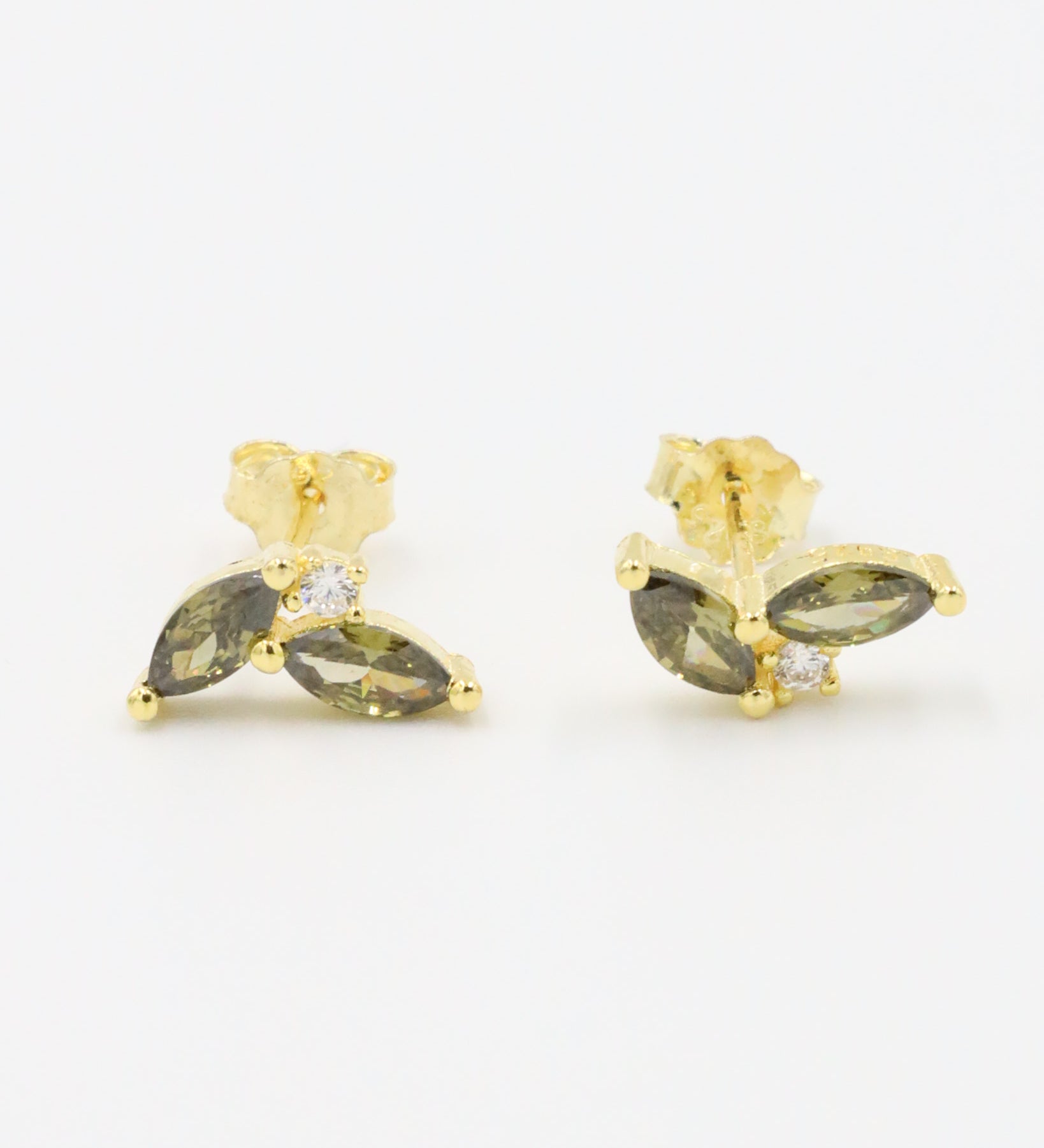 Pair of Eliza Olive earrings with olive marquise-cut stones and cubic zirconia.