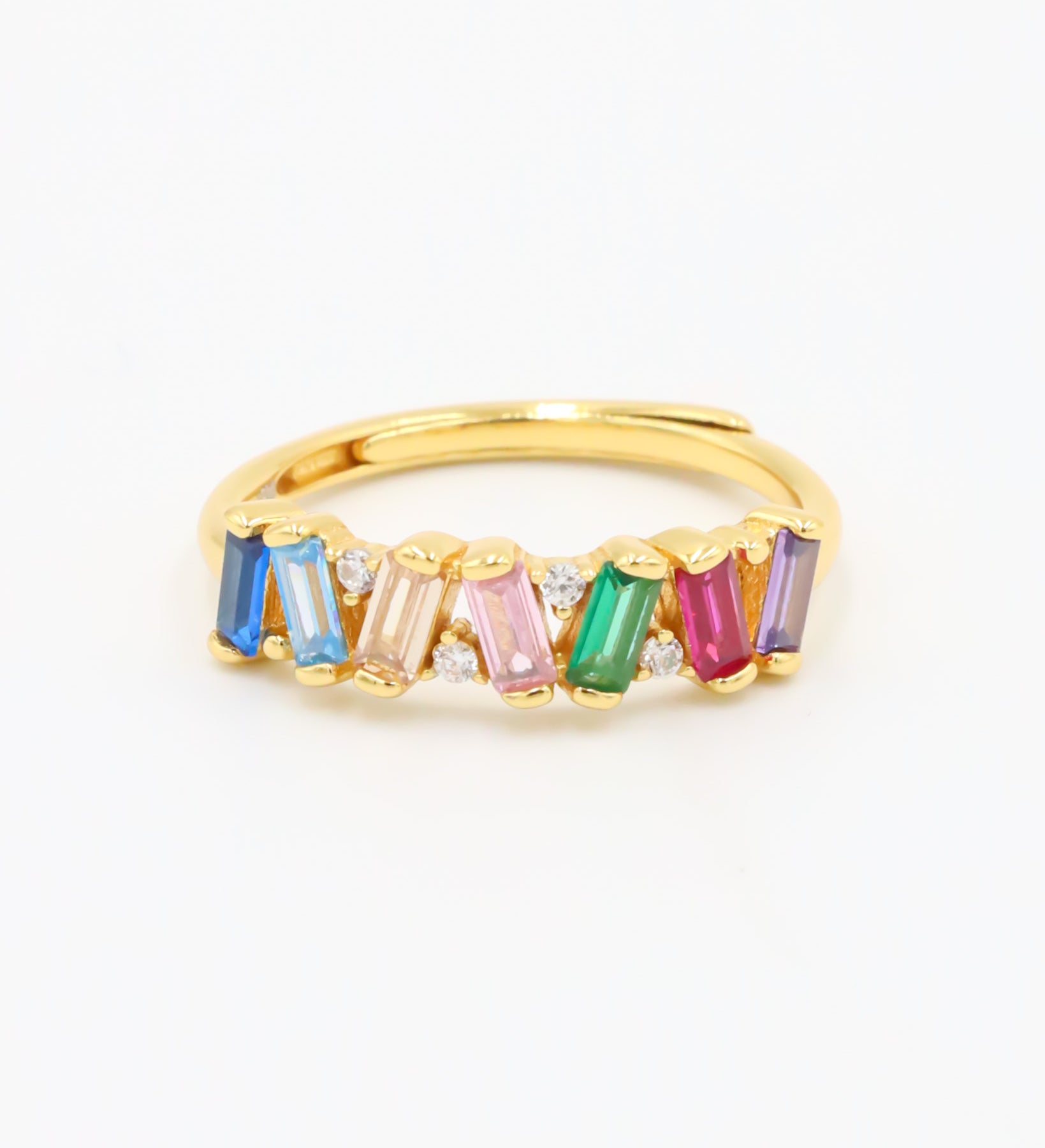 A gold-colored ring with multicolored gemstone accents
