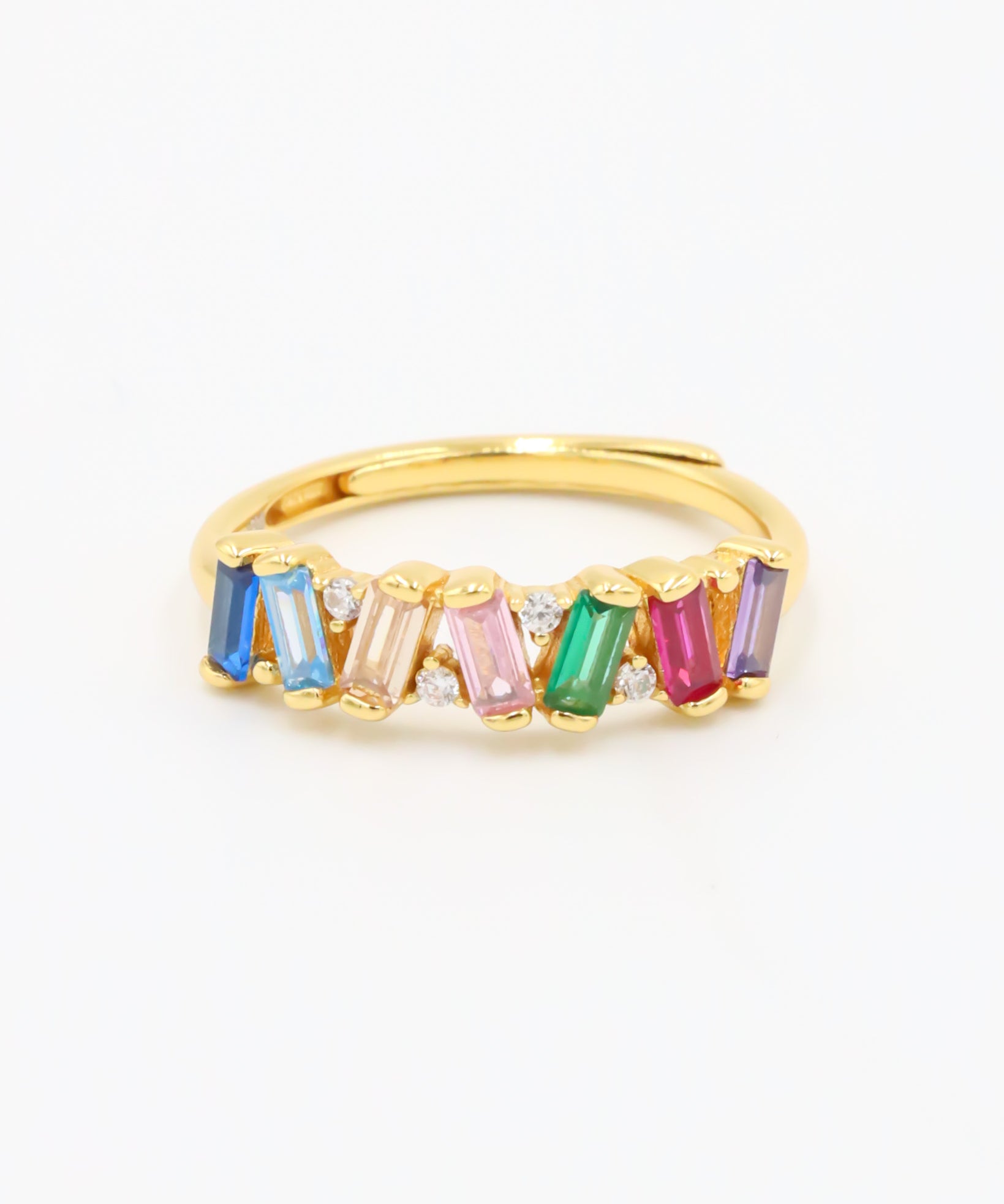 A gold-colored ring with multicolored gemstone accents