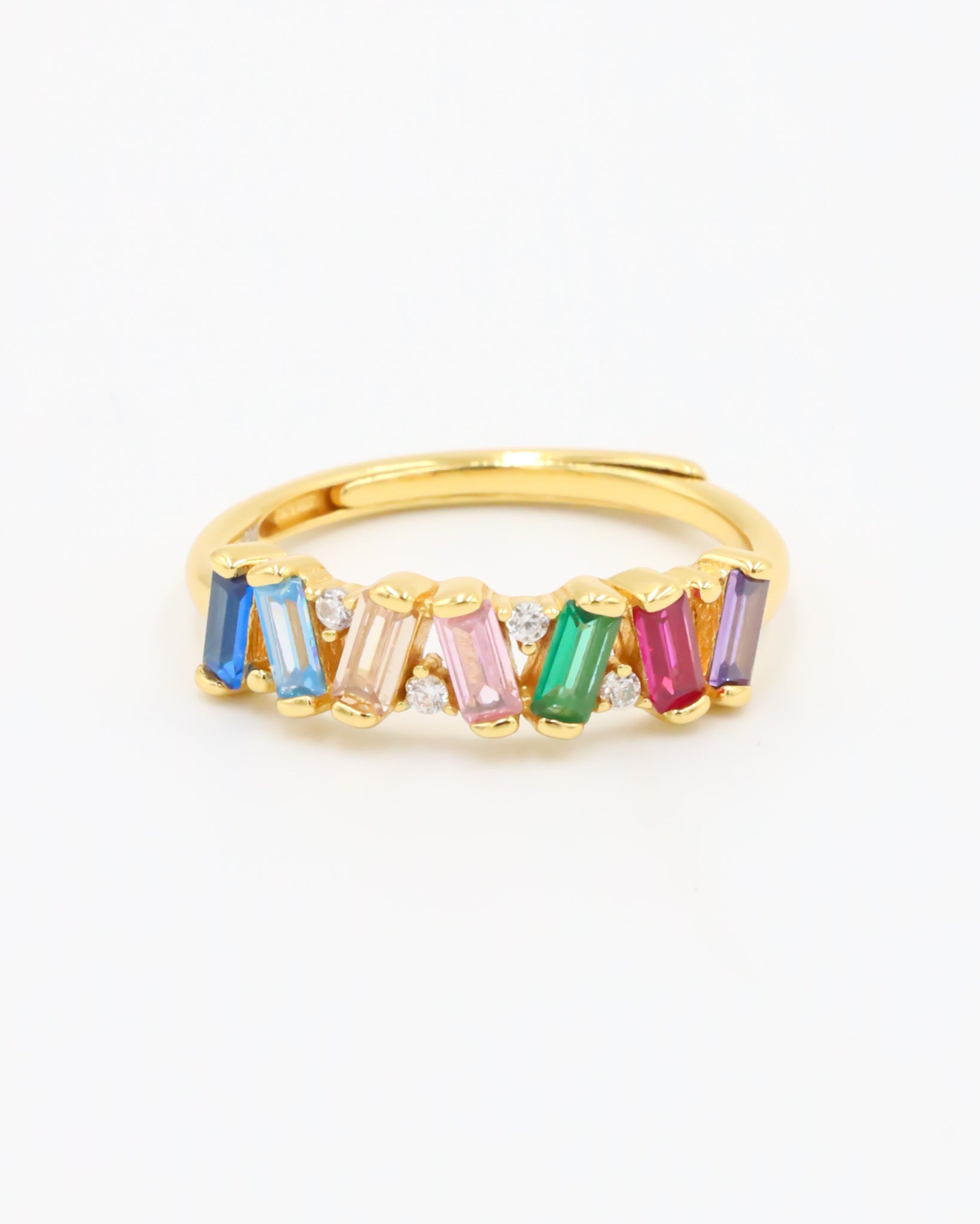 A gold-colored ring with multicolored gemstone accents