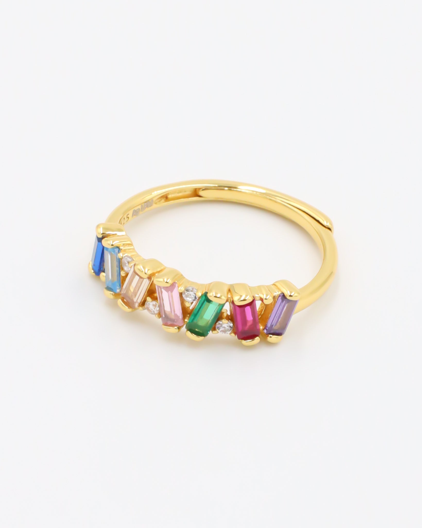 A gold-colored ring with multicolored gemstone accents