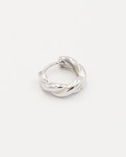 A pair of silver hoop earrings with a hinged clasp closure, displayed against a white background.