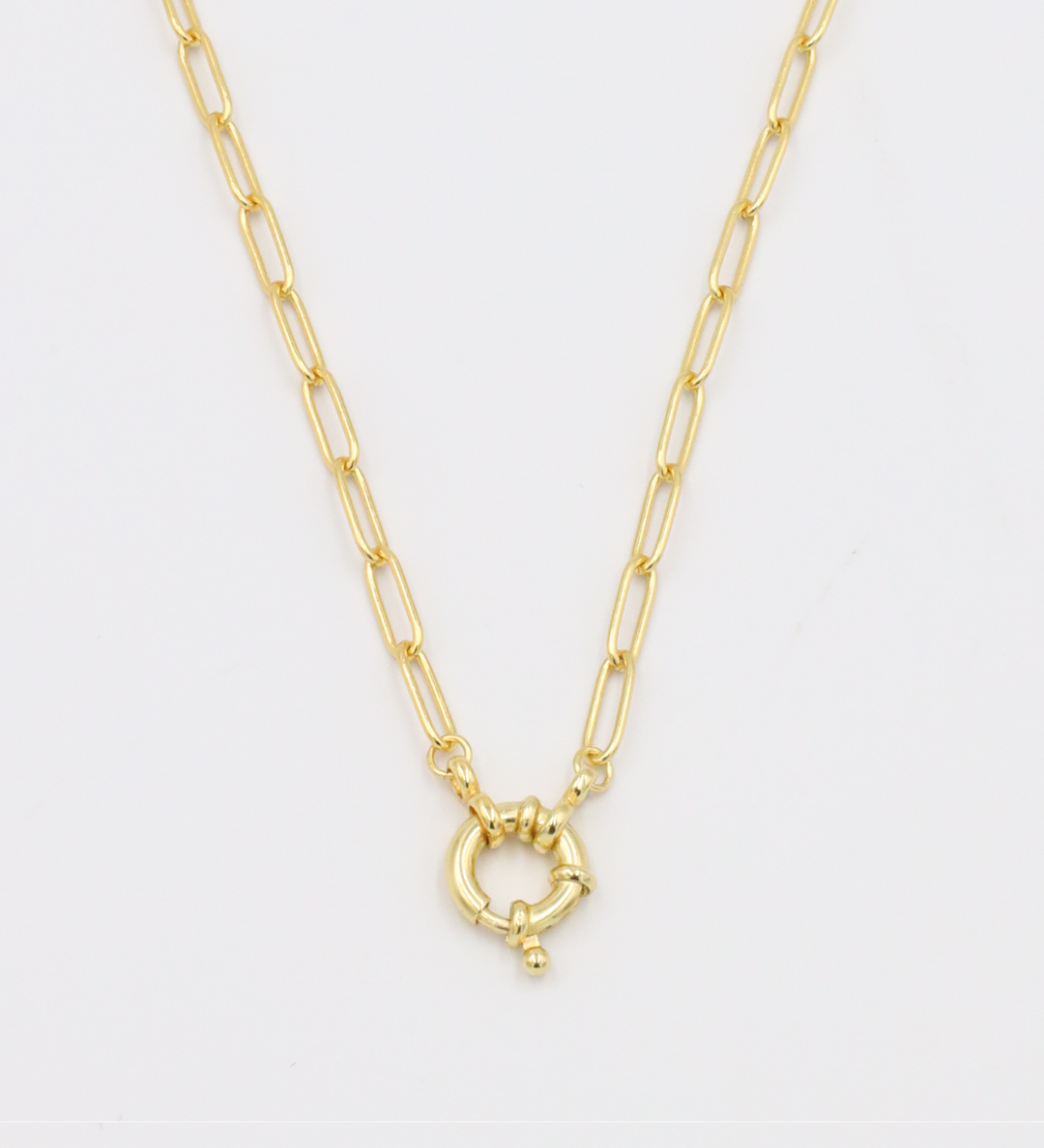 A gold-colored necklace with a link chain design and a clasp.